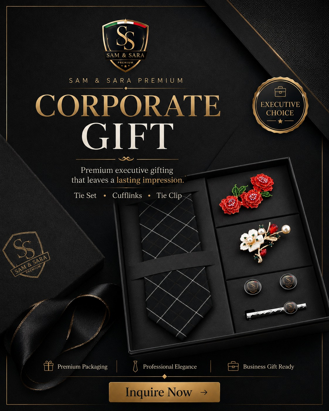 Sam & Sara Premium Corporate gift set — tie, cufflinks, and tie clip