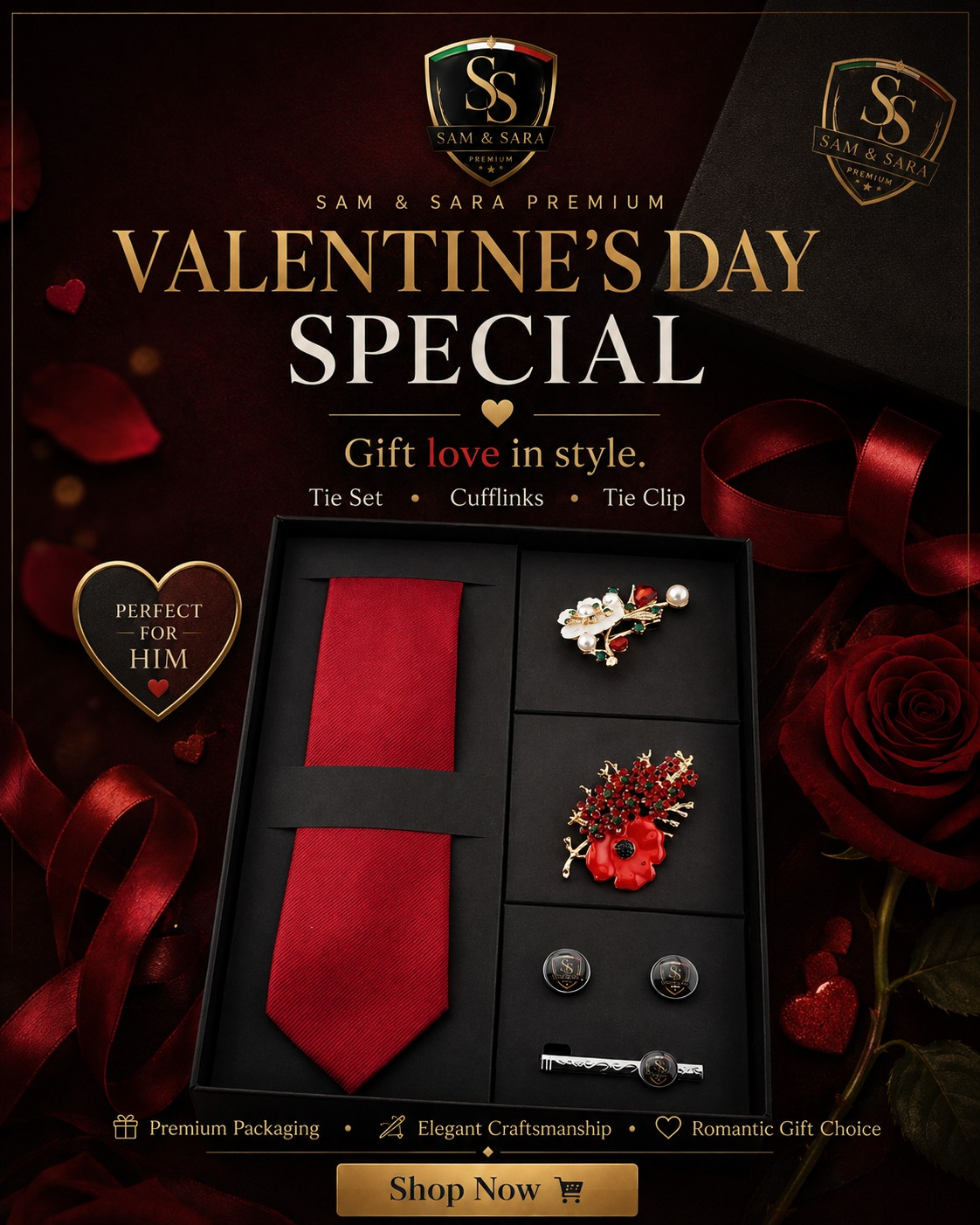 Sam & Sara Premium Valentine's Day gift set — tie, cufflinks, and tie clip
