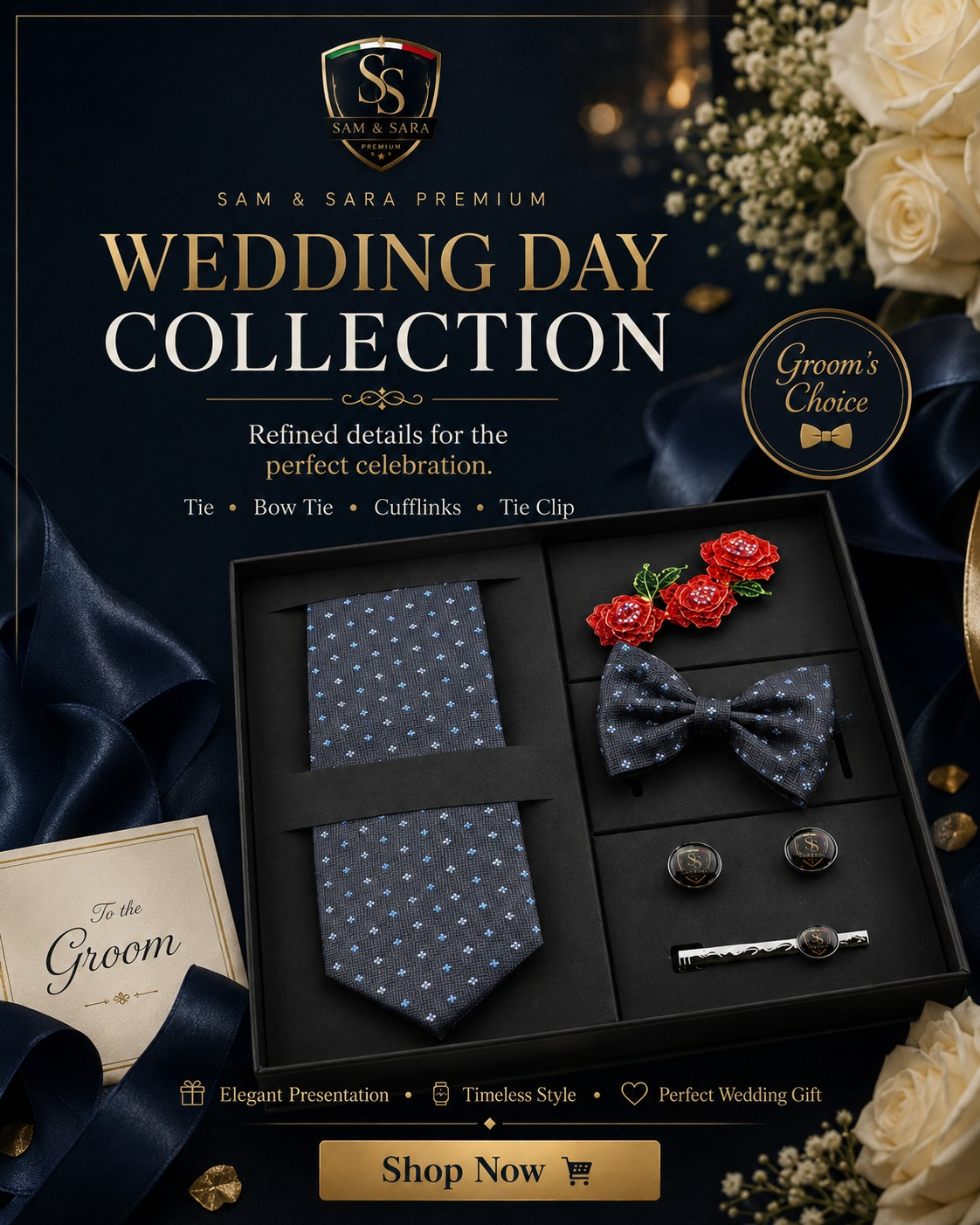Sam & Sara Premium Wedding Day collection — tie, bow tie, cufflinks, and tie clip