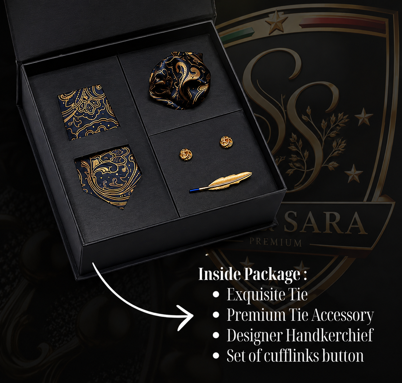Sam & Sara corporate gift box — exquisite tie, premium tie accessory, designer handkerchief, and cufflinks set