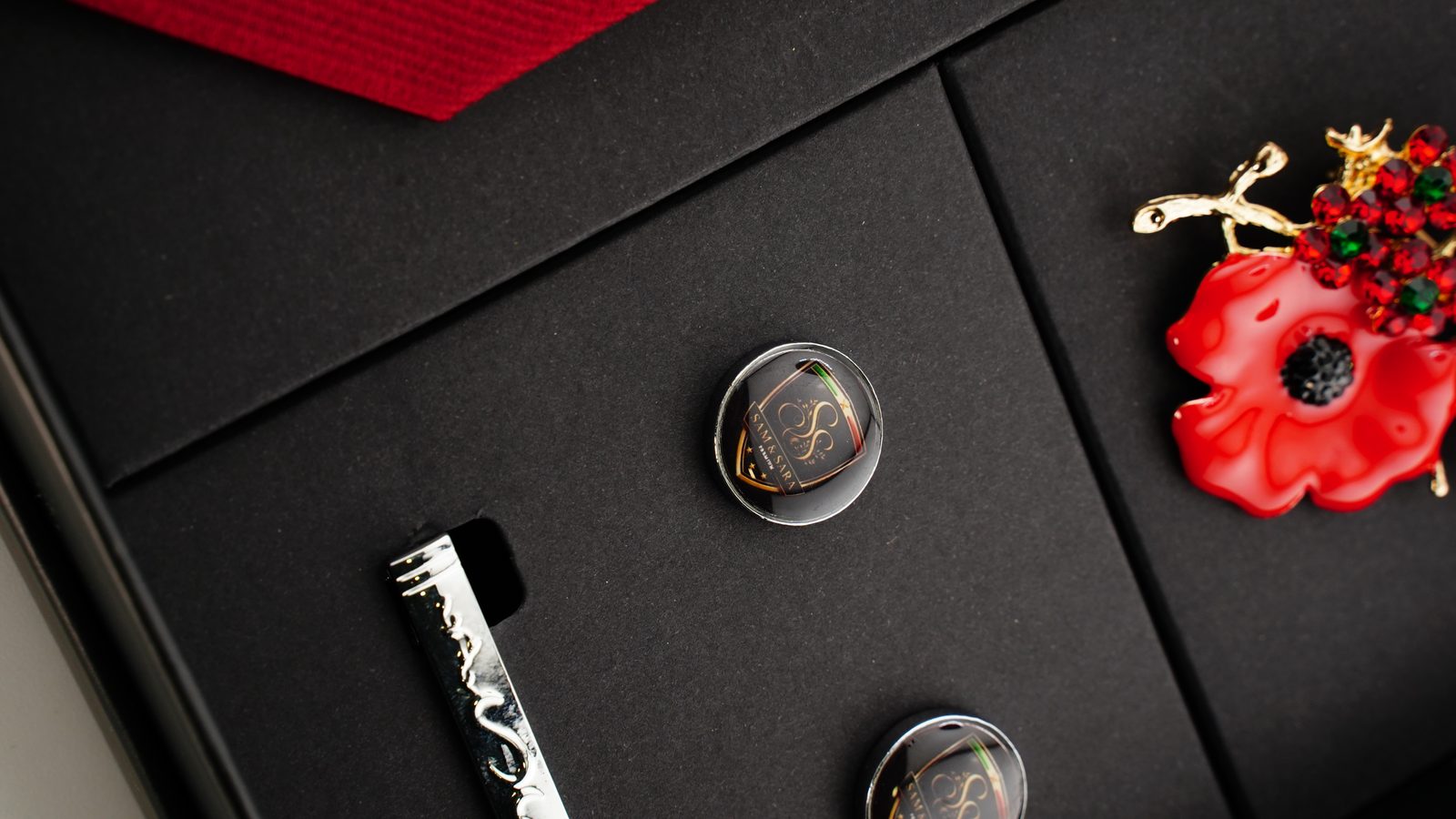 Sam & Sara Prestige Silk Collection — crystal poppy brooch with cufflinks and tie clip