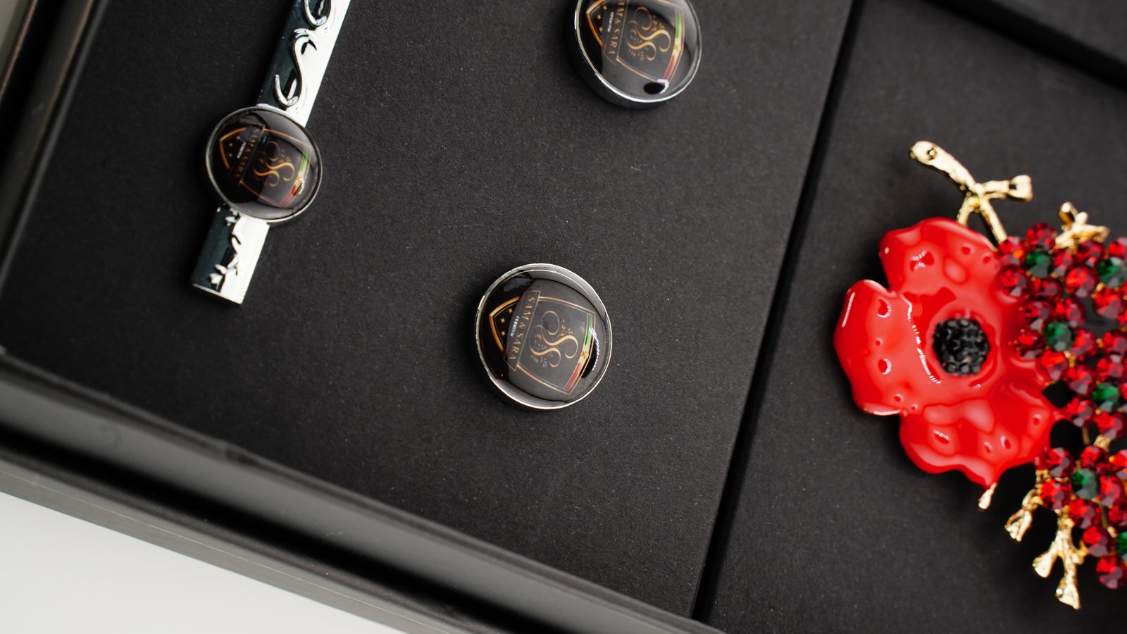 Sam & Sara Prestige Silk Collection — poppy brooch with cufflinks and tie clip detail