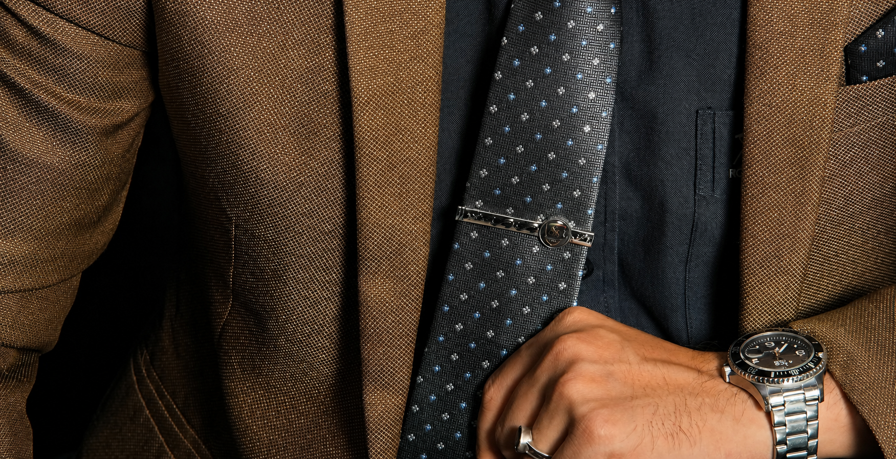 Sam & Sara Premium tie clip, watch, and tailored detail