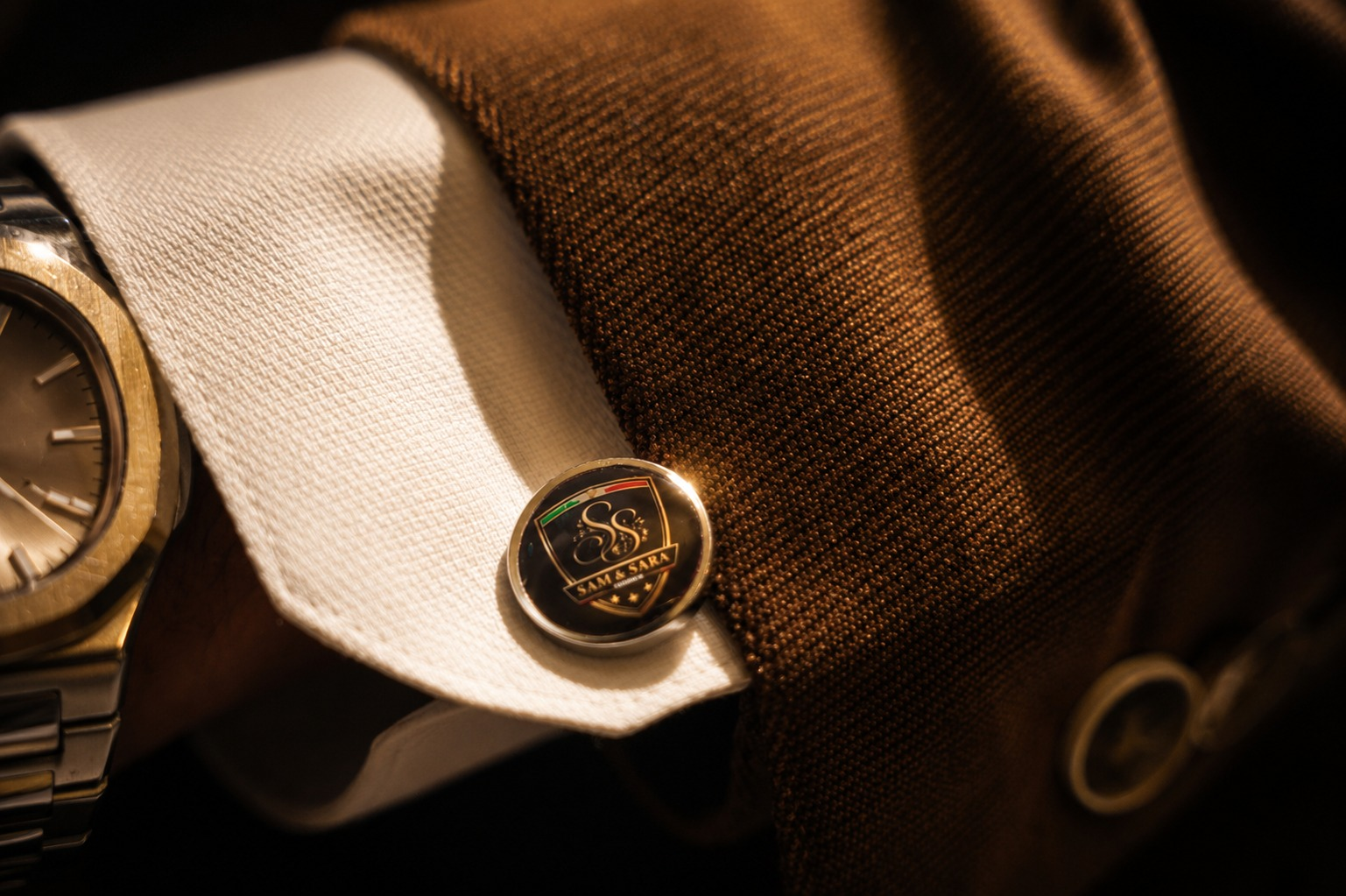 Sam & Sara Premium cufflink detail on shirt cuff and jacket
